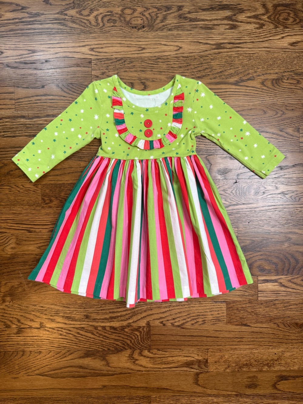 Eleanor Rose Girls Rhonda Green Star Ruffle Neck Striped Holiday Dress Size 2